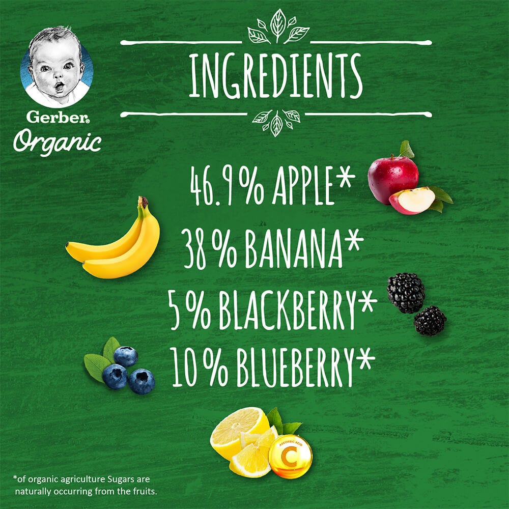 GERBER ORGANIC  APPLE BANANA BLUEBERRY BLACBERRY 9