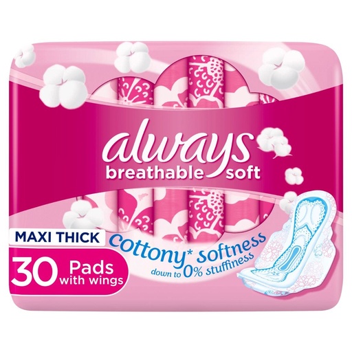 Always Sanitary Napkin Soft Cotton Large With Wings 30 Pad 1 Pack