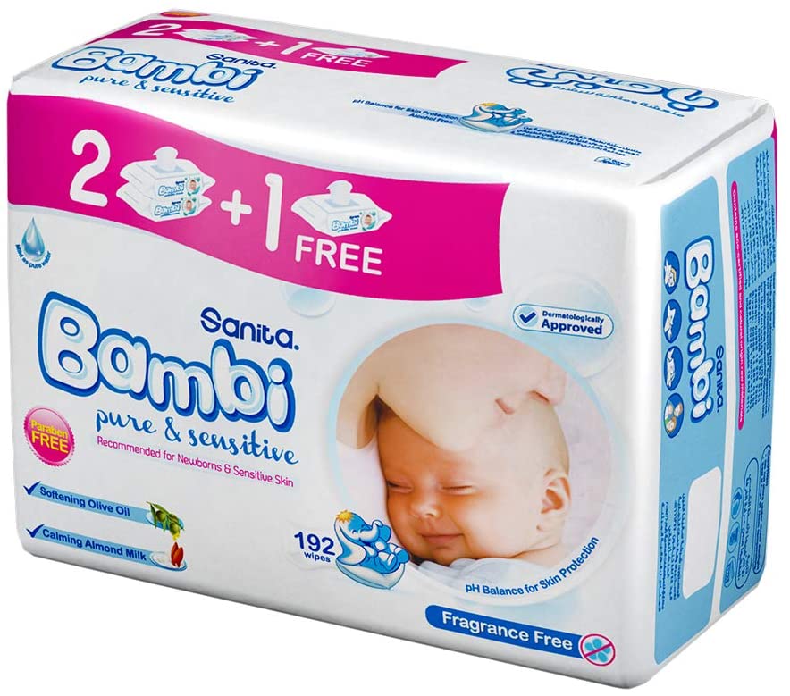 Bambi Baby Wipes For Sensitive Skin 2+1 Free 192 Wipe  1 Pack