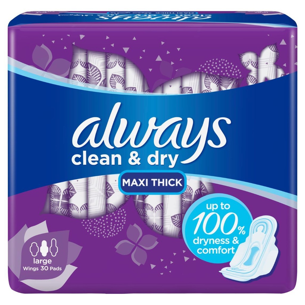 Always Sanitary Napkin Dry and Clean Large With Wings 30 Pad 1 Pack