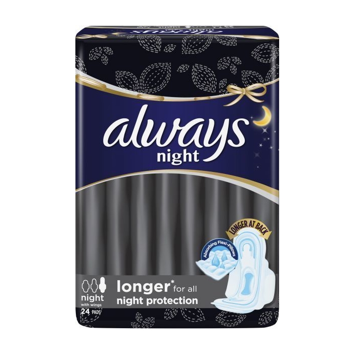 Always Sanitary Napkin Maxi Thick Night With Wings Extra Long 24 Pad 1 Pack