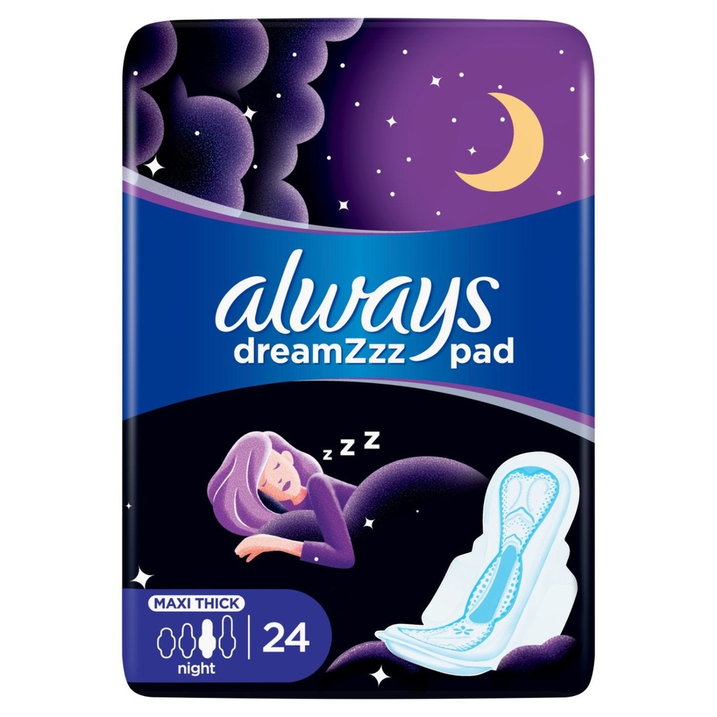 Always Sanitary Napkin Night With Wings Soothing Cream Extra Long 24 Pad 1 Pack