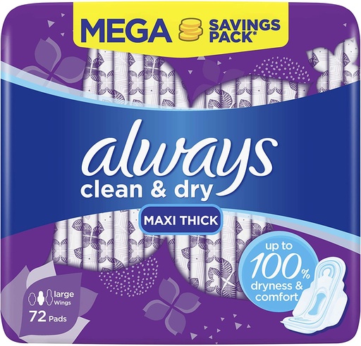 ALWAYS CLEAN DRY MAXI THICK LARGE  SUPER  72 Pad 1 Pack